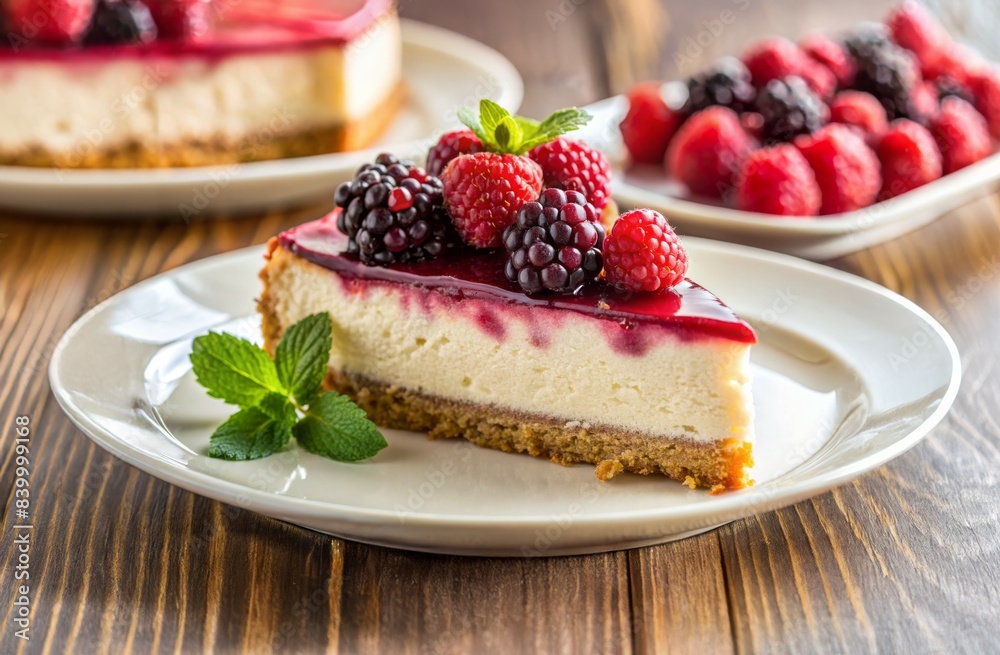 Cheesecake with fresh berries and mint in a circular plate on a gray background. Cheesecake with fresh berries and mint in a circular plate on a gray background.