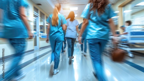 A blurry image of medical personnel rushing through a hospital corridor