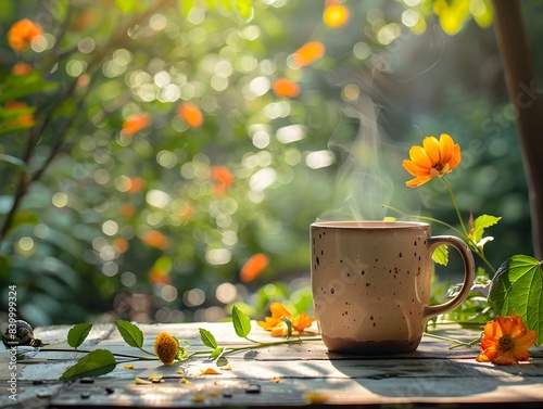 Steaming Coffee Cup in a Serene Autumn Garden Setting with Flowers and Greenery