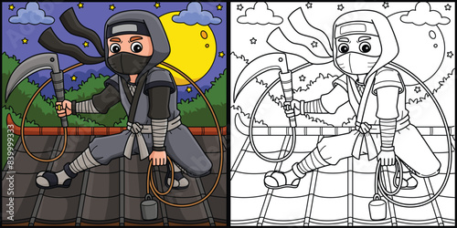 Ninja with a Kusarigama Coloring Page Illustration