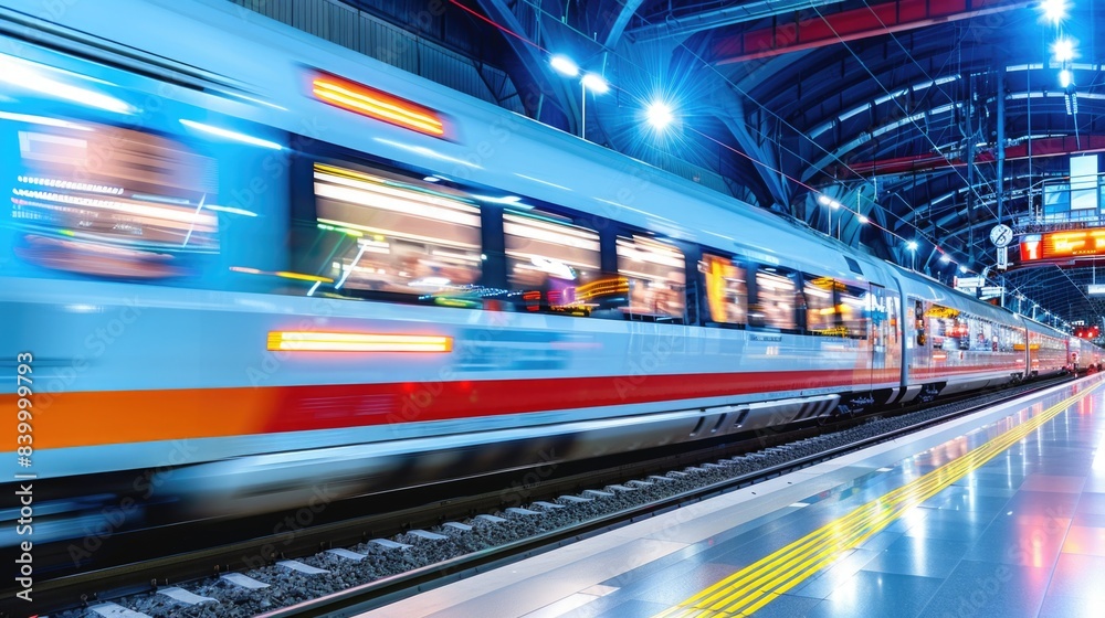 Fototapeta premium A high-speed train speeds away from a modern train station at night