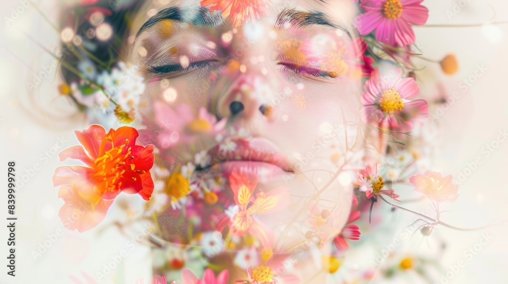 Beautiful woman serene face with closed eyes, overlaid with bright flowers on a white background. Double exposure, emphasizing beauty. Beautiful woman serene face with closed eyes, overlaid with bright flowers on a white background. Double exposure, emphasizing beauty.