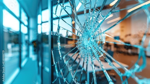 A close-up view of a broken glass window in an office building. The glass is shattered and the damage is significant