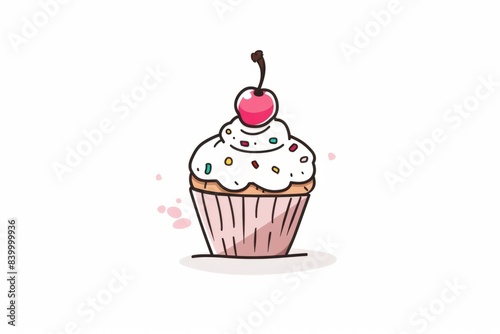 Cartoon cute doodles of a minimalist cupcake with simple frosting and a cherry on top, Generative AI