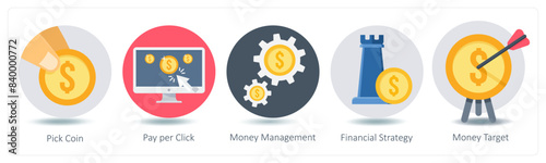A set of 5 Shopping icons as pick coin, pay per click, money management