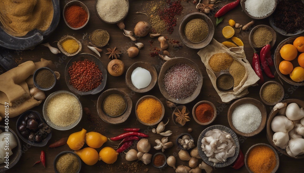 A table filled with various food items such as peppers, onions, garlic, lemons, oranges, olives, salt, chili powder, cinnamon, ginger root and saffron. A table filled with various food items such as peppers, onions, garlic, lemons, oranges, olives, salt, chili powder, cinnamon, ginger root and saffron.