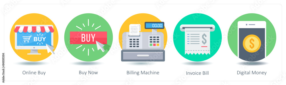 A set of 5 Shopping icons as online buy, buy now, billing machine A set of 5 Shopping icons as online buy, buy now, billing machine