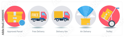 A set of 5 Shopping icons as approved parcel, free delivery, delivery van