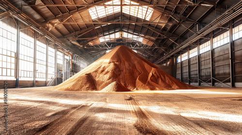 A large pile of sand sits in a warehouse, part of the potash fertilizers mining and processing operation photo