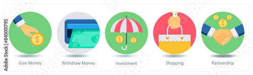 A set of 5 Shopping icons as give money, withdraw money, investment