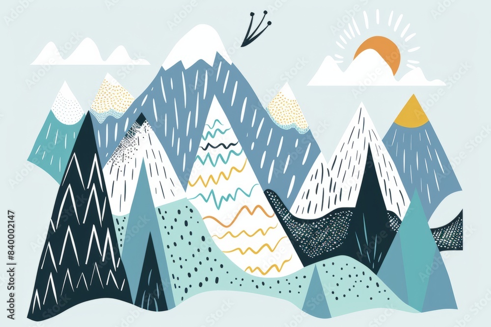 Cartoon cute doodles of a minimalist mountain landscape with geometric peaks, Generative AI Cartoon cute doodles of a minimalist mountain landscape with geometric peaks, Generative AI