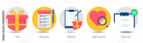 A set of 5 Shopping icons as gift, checklist, wishlist