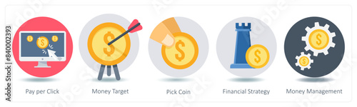 A set of 5 Shopping icons as pay per click, money target, pick coin