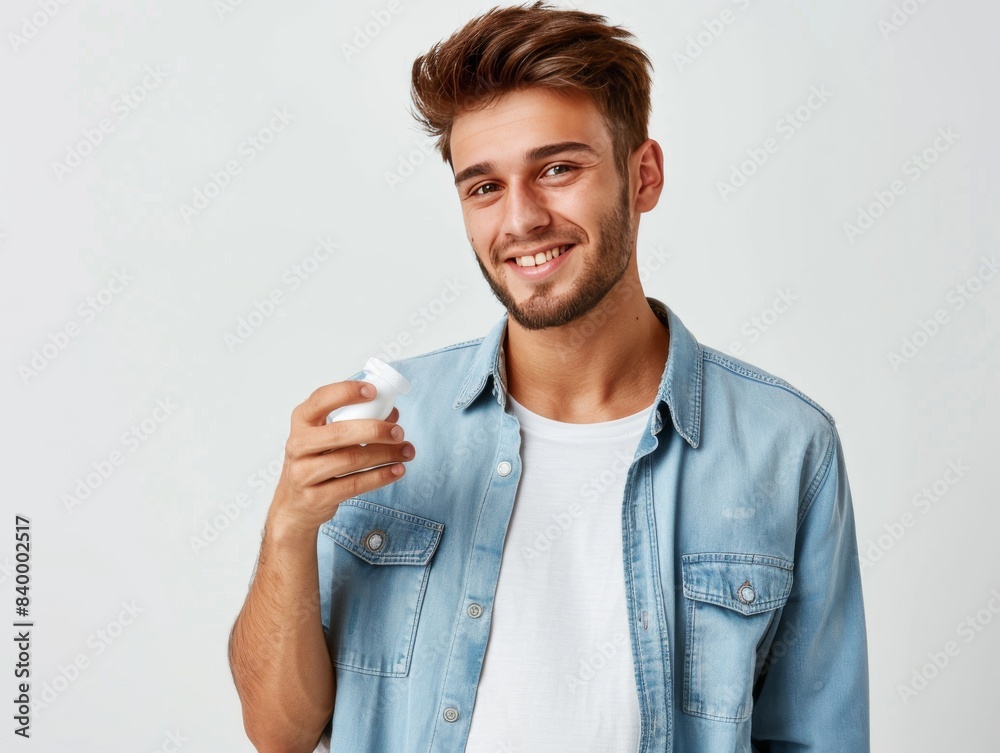half side view, dynamic funny poses, handsome china young man in babyblue school shirt, young and hopeful, holding a white pill bottle in his hand, attractive appearance, looking at the camera isolate half side view, dynamic funny poses, handsome china young man in babyblue school shirt, young and hopeful, holding a white pill bottle in his hand, attractive appearance, looking at the camera isolate