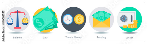 A set of 5 Shopping icons as balance, cash, time is money