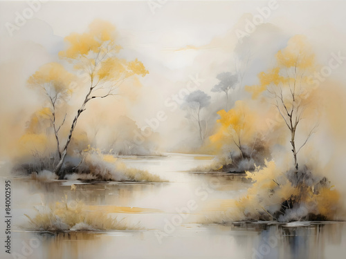 Lake River Watercolor Landscape