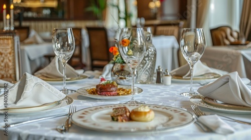 Fine Dining Experience at Luxurious Upscale Restaurant with Gourmet Dishes and Elegant Decor