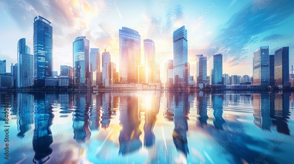 Fototapeta premium modern skyscrapers of a smart city, futuristic financial district with buildings and reflections 
