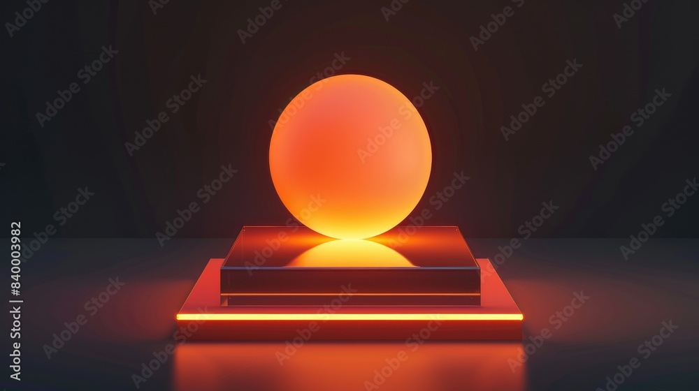 Modern square podium with frosted glass and orange neon glow ball on black backdrop, ideal for product showcases. Vector illustration. Modern square podium with frosted glass and orange neon glow ball on black backdrop, ideal for product showcases. Vector illustration.