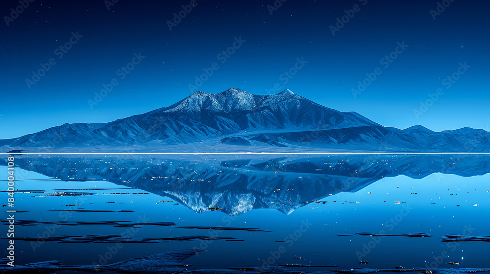 A mountain range is reflected in the water