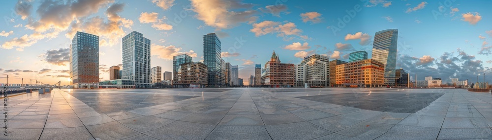 A city skyline with a large empty plaza in the middle. The sky is clear and blue, and the buildings are tall and modern. The plaza is surrounded by trees, giving it a peaceful and serene atmosphere A city skyline with a large empty plaza in the middle. The sky is clear and blue, and the buildings are tall and modern. The plaza is surrounded by trees, giving it a peaceful and serene atmosphere