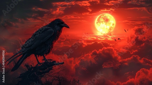 Majestic crow below, under the magical glow of the moon, with a vivid blood-red sky in the background, ethereal scene photo