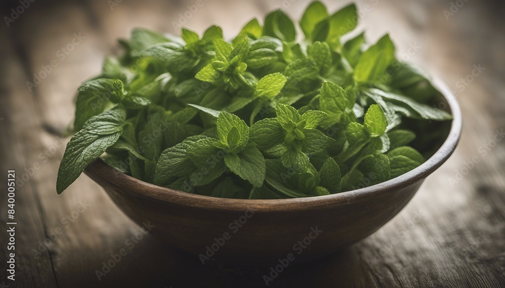 A wooden table displays a bowl of assorted herbs, including mint sprigs and frosty leaves, creating an eye-catching arrangement for viewers. A wooden table displays a bowl of assorted herbs, including mint sprigs and frosty leaves, creating an eye-catching arrangement for viewers.