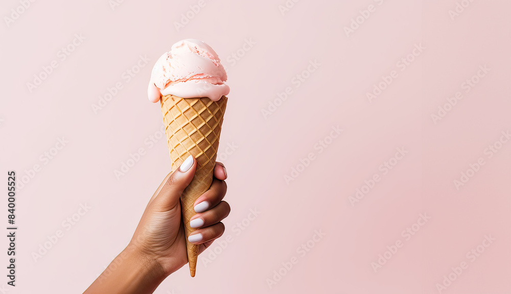 A female woman's Hand holding strawberry ice cream cone. delicious pink ice cream, food A female woman's Hand holding strawberry ice cream cone. delicious pink ice cream, food