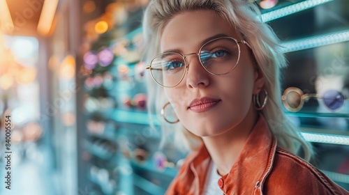 A girl with excitement marvels at the array of eyewear, innovation and individuality. A young woman tries on glasses, standing in front of a display of various eyeglass frames in an optometry shop photo
