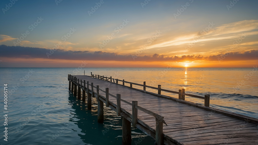 Side view of a wooden bridge and the atmosphere by the sea before sunset Side view of a wooden bridge and the atmosphere by the sea before sunset
