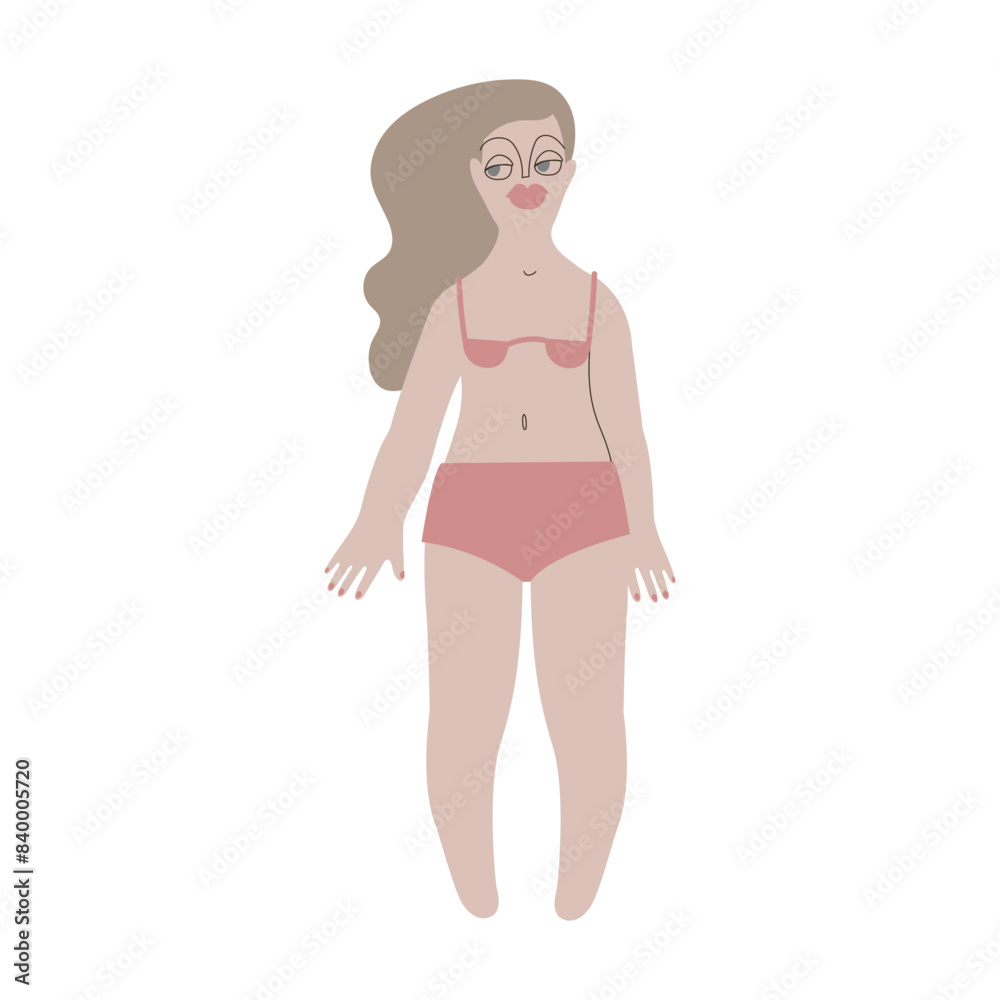 Flat European woman in underwear. Pale skin person with blond hair in cartoon style for multinational and diversity designs. Vector illustration. Flat European woman in underwear. Pale skin person with blond hair in cartoon style for multinational and diversity designs. Vector illustration.