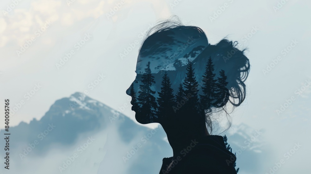 Side view silhouette of a woman, double exposure effect intertwining with a serene nature scene of mountains and trees Side view silhouette of a woman, double exposure effect intertwining with a serene nature scene of mountains and trees