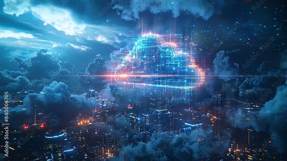 A glowing digital cloud floats above a cyberpunk metropolis, representing advanced technology and urban network integration. A glowing digital cloud floats above a cyberpunk metropolis, representing advanced technology and urban network integration.
