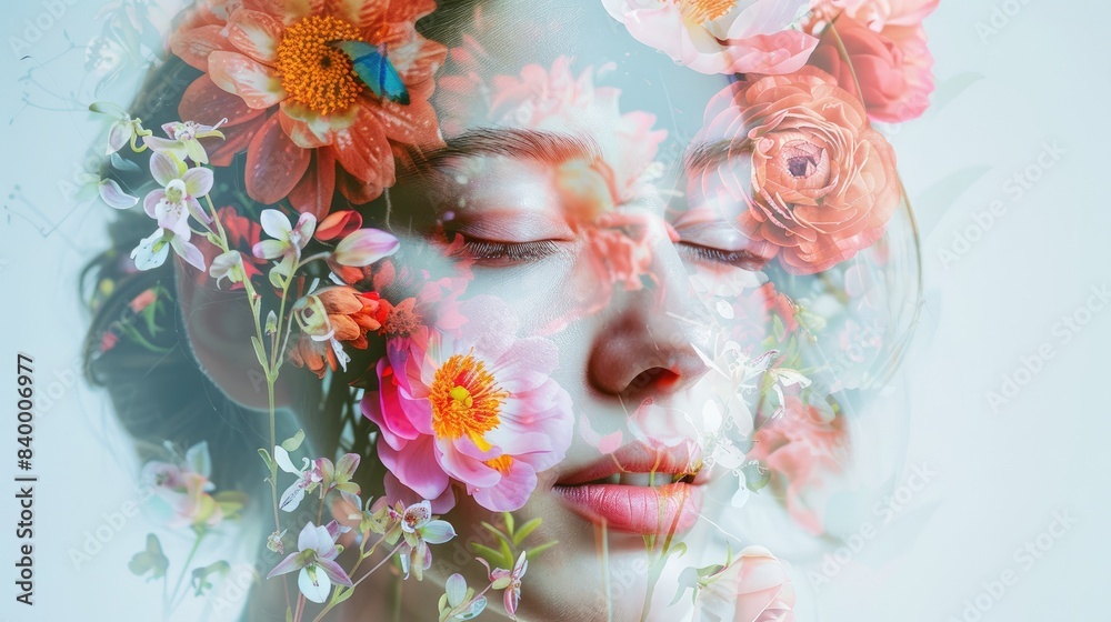 Woman closed eyes and peaceful expression combined with vivid flowers. Double exposure portrait on a white background, symbolizing beauty and harmony. Woman closed eyes and peaceful expression combined with vivid flowers. Double exposure portrait on a white background, symbolizing beauty and harmony.