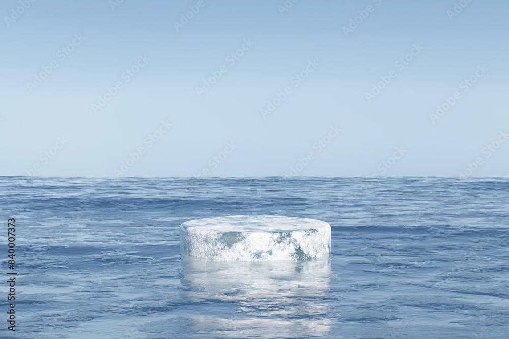 Abstact 3d render winter scene and Natural pedestal background, Ice snow podium on the frozen lake for product display, advertising, mockup or etc