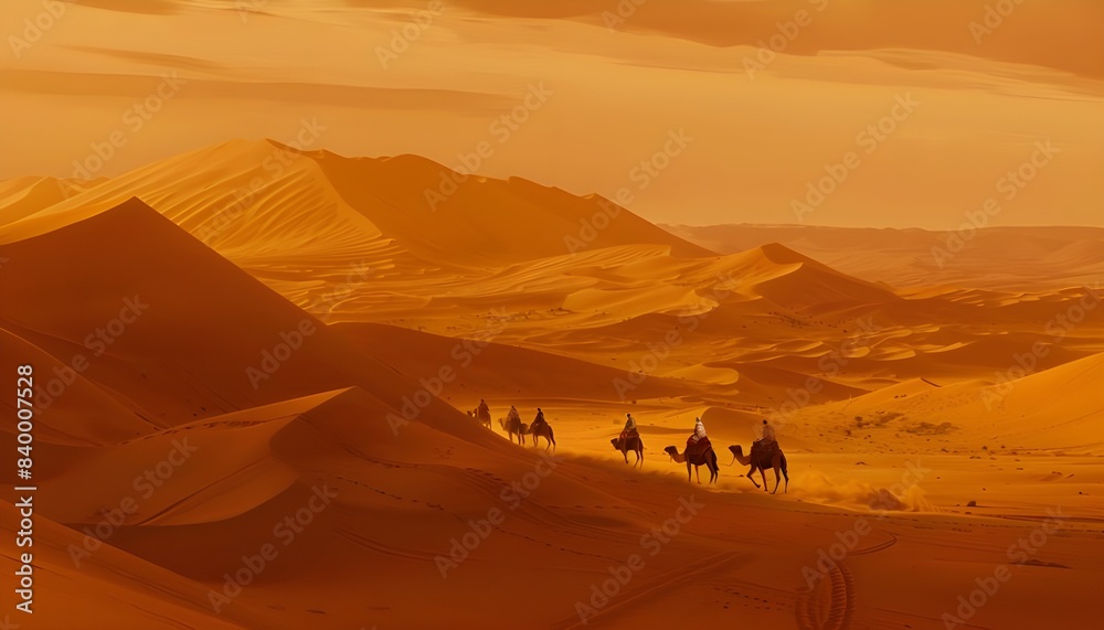 Fototapeta premium Camel caravan going through the sand dunes in the Desert,