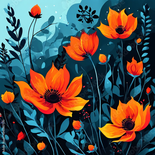 abstract background of orange flowers blooming at night