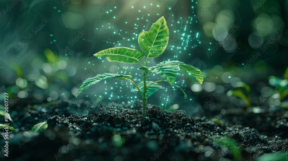 Young plant growing in fertile soil with magical sparkles representing growth, sustainability, and nature. Close-up in a forest background. Young plant growing in fertile soil with magical sparkles representing growth, sustainability, and nature. Close-up in a forest background.