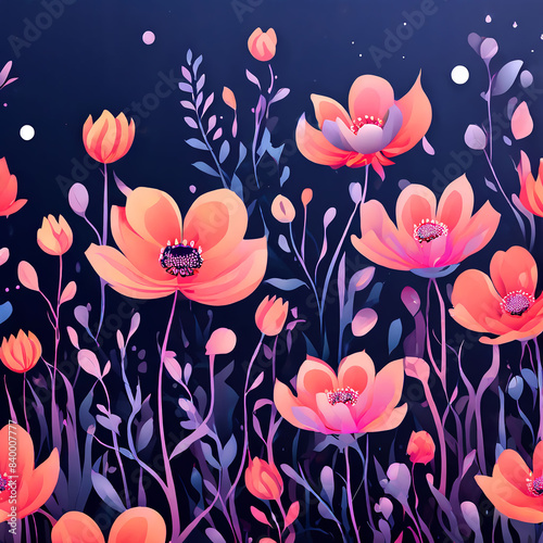 abstract background of orange flowers blooming at night