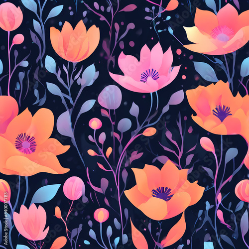 abstract background of orange flowers blooming at night