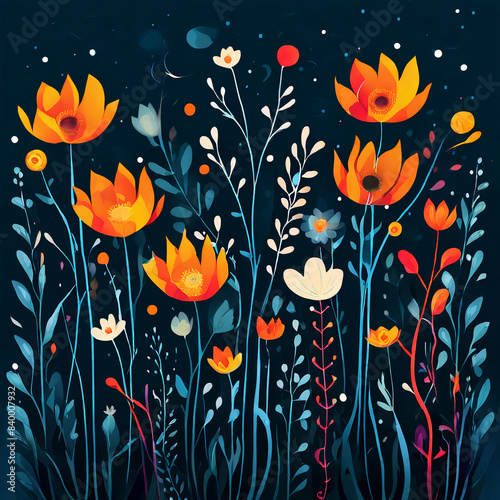 abstract background of orange flowers blooming at night