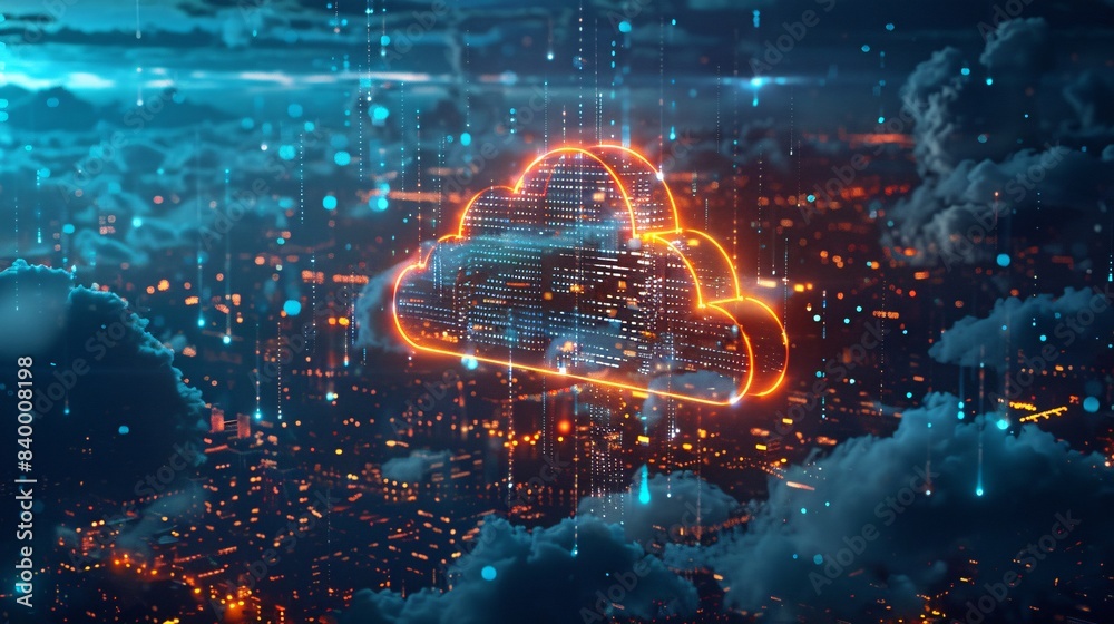 An orange neon cloud hovers above a tech cityscape, illustrating futuristic cloud technology and digital connectivity. An orange neon cloud hovers above a tech cityscape, illustrating futuristic cloud technology and digital connectivity.