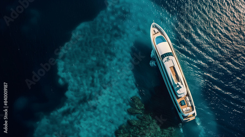 Captured from the air, a luxurious super yacht cruises in crystal-clear waters, equipped with a helipad, infinity pool, and expansive sun deck, representing the pinnacle of maritime luxury.

