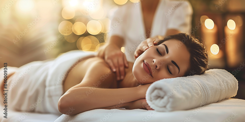 Spa Massage einer Frau mit Kerzen Ölen und weiteren Deko Spa Massage einer Frau mit Kerzen Ölen und weiteren Deko