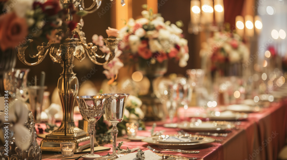A high-angle perspective reveals an exquisite banquet table set with silverware, fine china, and intricate floral designs in the luxurious ballroom, ideal for memorable events and festive celebrations