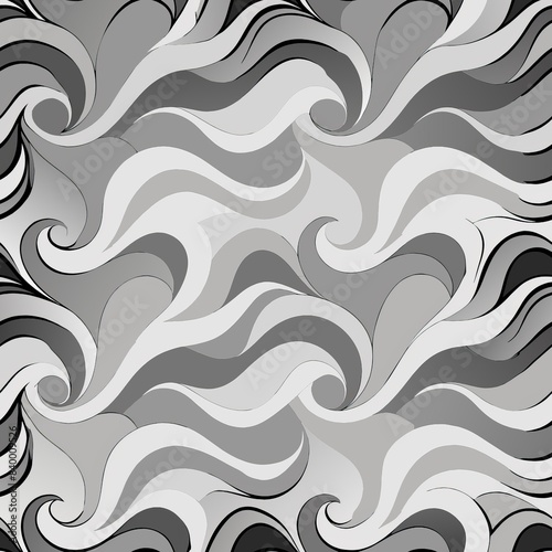 Seamless pattern of abstract wave motifs in shades of grey on a white background, Generative AI © fahmy