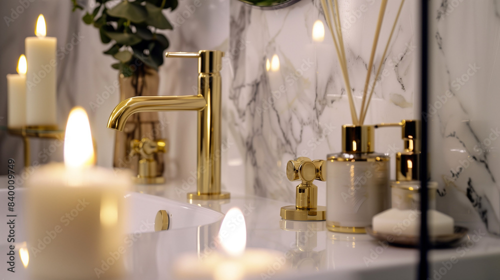 This close-up of a marble bathroom showcases gold taps and luxurious candles, enhancing the atmosphere of relaxation and comfort.
This close-up of a marble bathroom showcases gold taps and luxurious candles, enhancing the atmosphere of relaxation and comfort.