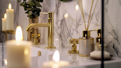 This close-up of a marble bathroom showcases gold taps and luxurious candles, enhancing the atmosphere of relaxation and comfort. 