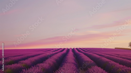Rolling lavender fields under a pastel sky at sunset, where fragrant blooms gently sway in the breeze, creating a vibrant purple landscape against the soft glow of the setting sun.