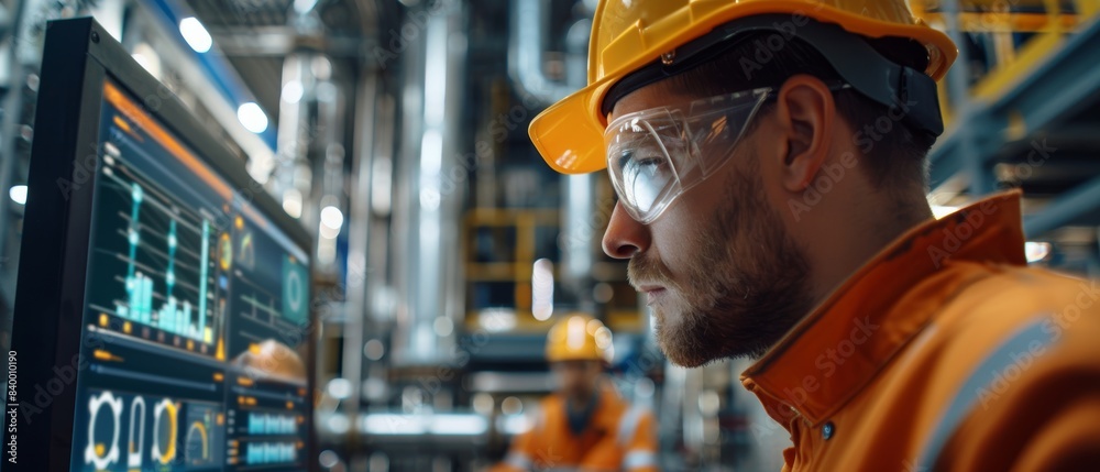Engineer in safety gear analyzing data on a computer screen in an industrial setting, focusing on project monitoring and control. Engineer in safety gear analyzing data on a computer screen in an industrial setting, focusing on project monitoring and control.